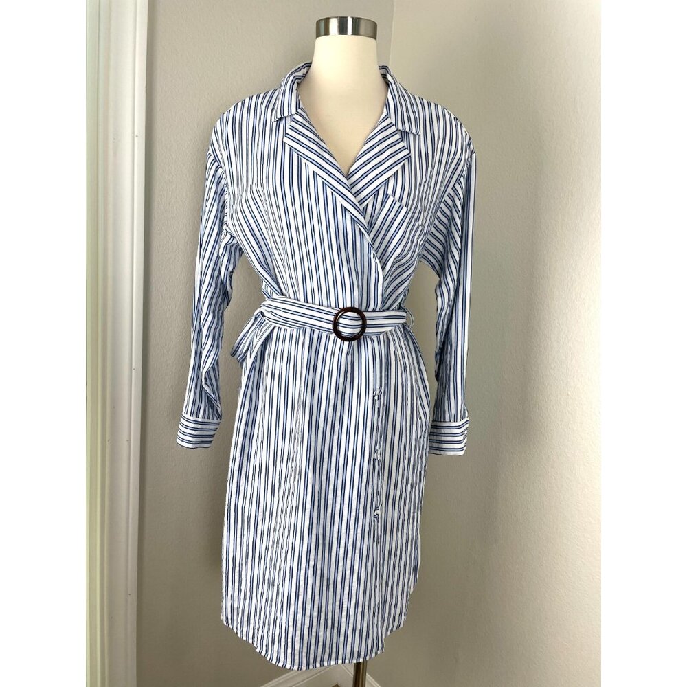 ZARA Womens XS Striped Button Up Wrap Dress With Belt Long Sleeve Business